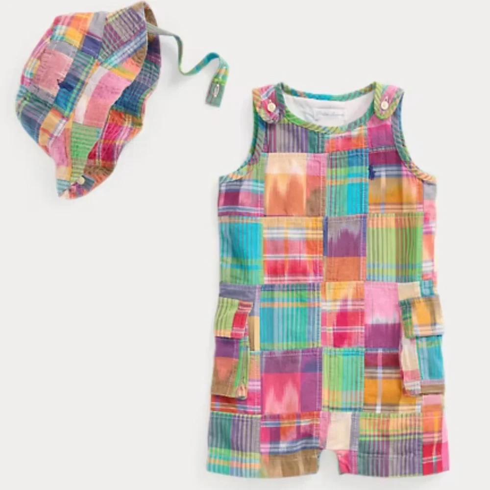 NWT Polo Ralph‎ Lauren Baby Boy Madras Patchwork Romper with Matching Hat Preppy